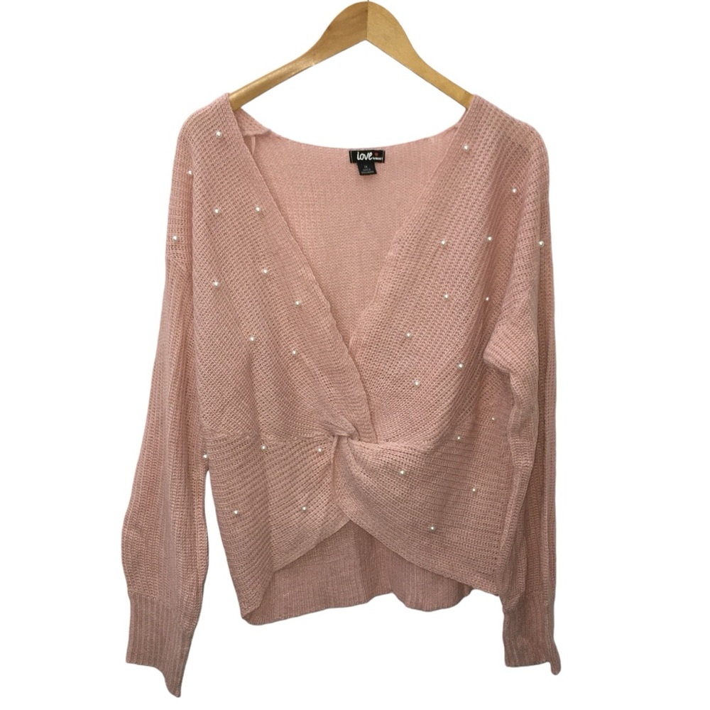 Love by Marcy Pink Twist Front Faux Pearl V-Neck Lightweight Sweater Women’s 1X